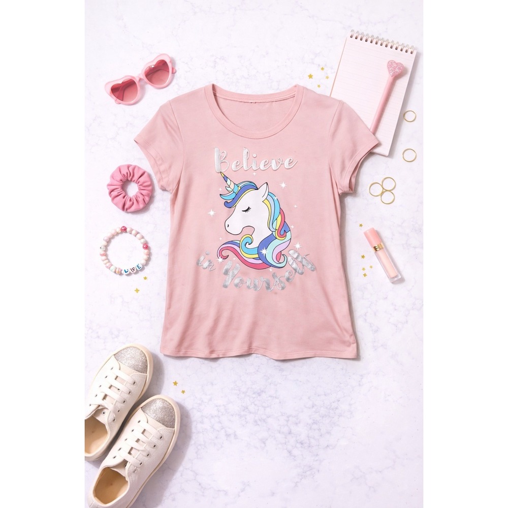 Girls Pink Unicorn Believe in‎ Yourself Graphic T-Shirt Short Sleeve Top Kids